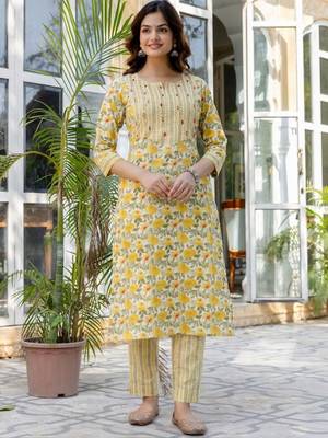 Yellow Women Floral Printed Cotton Kurta with Trousers & Dupatta 5