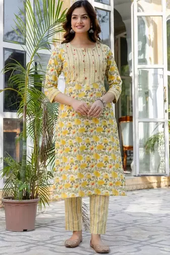 Yellow Women Floral Printed Cotton Kurta with Trousers & Dupatta