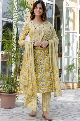 Yellow Women Floral Printed Cotton Kurta with Trousers & Dupatta