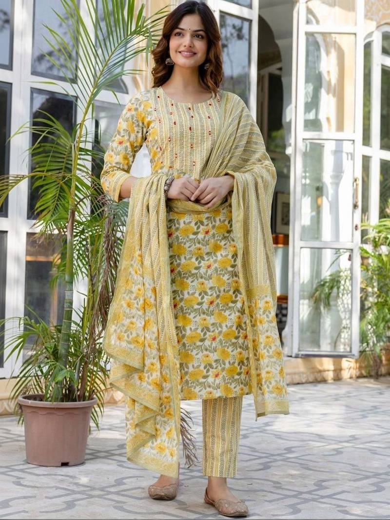 Yellow Women Floral Printed Cotton Kurta with Trousers & Dupatta