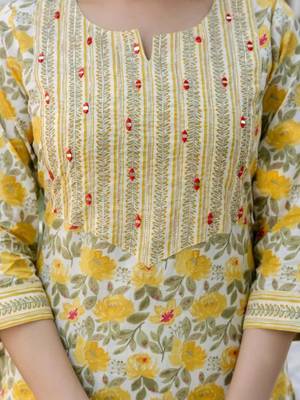 Yellow Women Floral Printed Cotton Kurta with Trousers & Dupatta 7