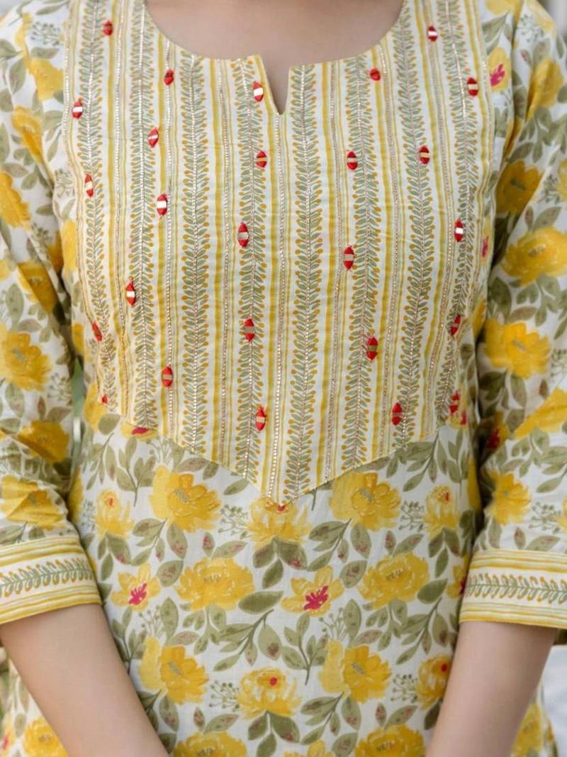 Yellow Women Floral Printed Cotton Kurta with Trousers & Dupatta