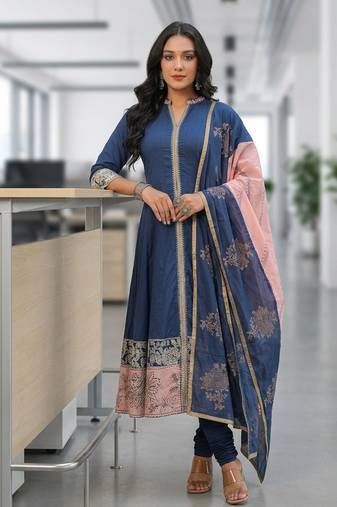 Blue Ethnic Motifs Printed Cotton Anarkali Kurta With Churidar & Dupatta Set