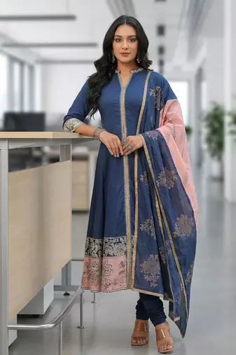 Blue Ethnic Motifs Printed Cotton Anarkali Kurta With Churidar & Dupatta Set