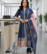 Blue Ethnic Motifs Printed Cotton Anarkali Kurta With Churidar & Dupatta Set