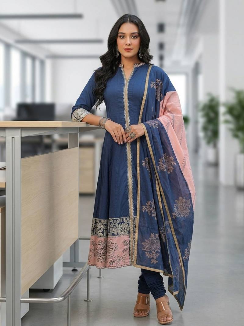 Blue Ethnic Motifs Printed Cotton Anarkali Kurta With Churidar & Dupatta Set
