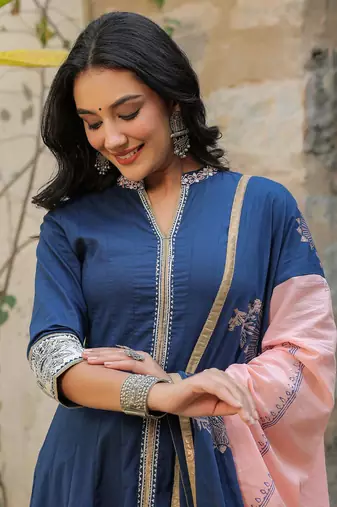 Blue Ethnic Motifs Printed Cotton Anarkali Kurta With Churidar & Dupatta Set