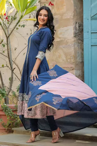 Blue Ethnic Motifs Printed Cotton Anarkali Kurta With Churidar & Dupatta Set