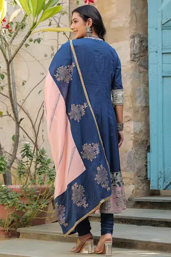 Blue Ethnic Motifs Printed Cotton Anarkali Kurta With Churidar & Dupatta Set