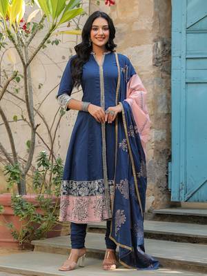 Blue Ethnic Motifs Printed Cotton Anarkali Kurta With Churidar & Dupatta Set 5