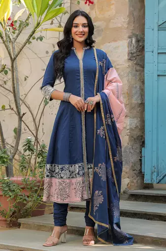Blue Ethnic Motifs Printed Cotton Anarkali Kurta With Churidar & Dupatta Set