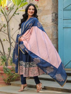 Blue Ethnic Motifs Printed Cotton Anarkali Kurta With Churidar & Dupatta Set 6