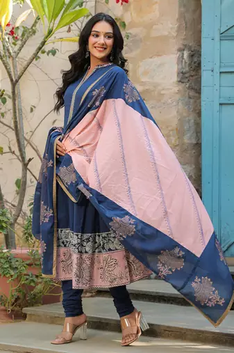 Blue Ethnic Motifs Printed Cotton Anarkali Kurta With Churidar & Dupatta Set