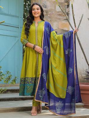 Olive Green Ethnic Motifs Printed Cotton Anarkali Kurta With Churidar & Dupatta Set 1
