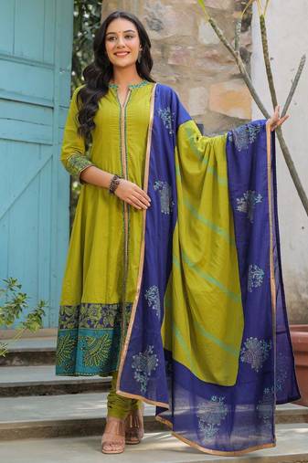 Olive Green Ethnic Motifs Printed Cotton Anarkali Kurta With Churidar & Dupatta Set