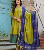 Olive Green Ethnic Motifs Printed Cotton Anarkali Kurta With Churidar & Dupatta Set