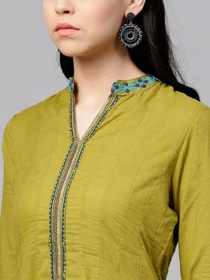 Olive Green Ethnic Motifs Printed Cotton Anarkali Kurta With Churidar & Dupatta Set 2