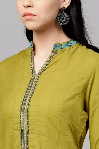 Olive Green Ethnic Motifs Printed Cotton Anarkali Kurta With Churidar & Dupatta Set