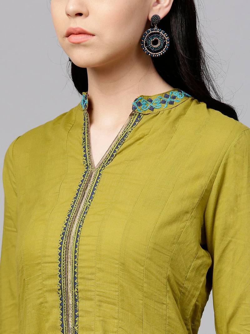 Olive Green Ethnic Motifs Printed Cotton Anarkali Kurta With Churidar & Dupatta Set