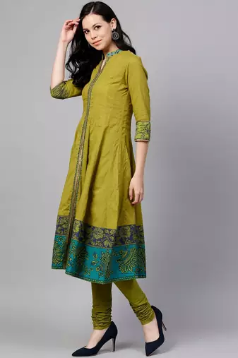 Olive Green Ethnic Motifs Printed Cotton Anarkali Kurta With Churidar & Dupatta Set
