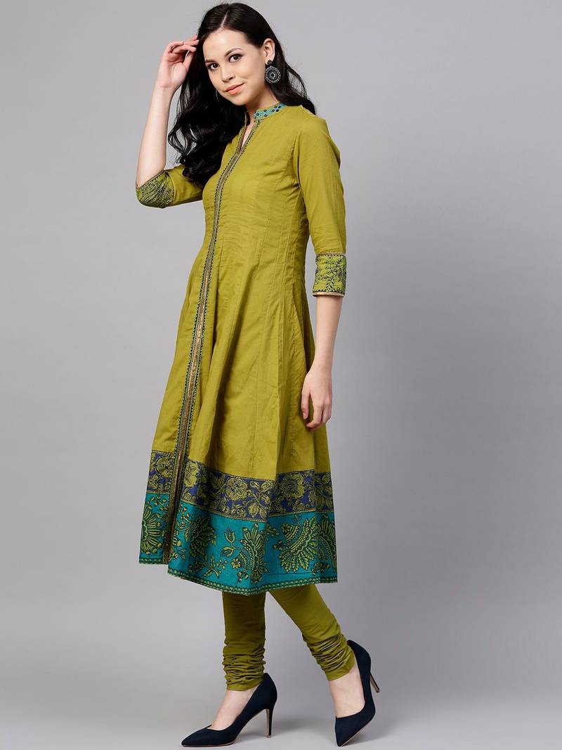 Olive Green Ethnic Motifs Printed Cotton Anarkali Kurta With Churidar & Dupatta Set