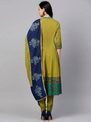 Olive Green Ethnic Motifs Printed Cotton Anarkali Kurta With Churidar & Dupatta Set 6