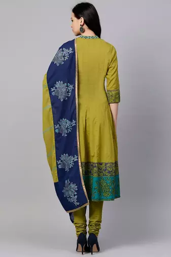 Olive Green Ethnic Motifs Printed Cotton Anarkali Kurta With Churidar & Dupatta Set