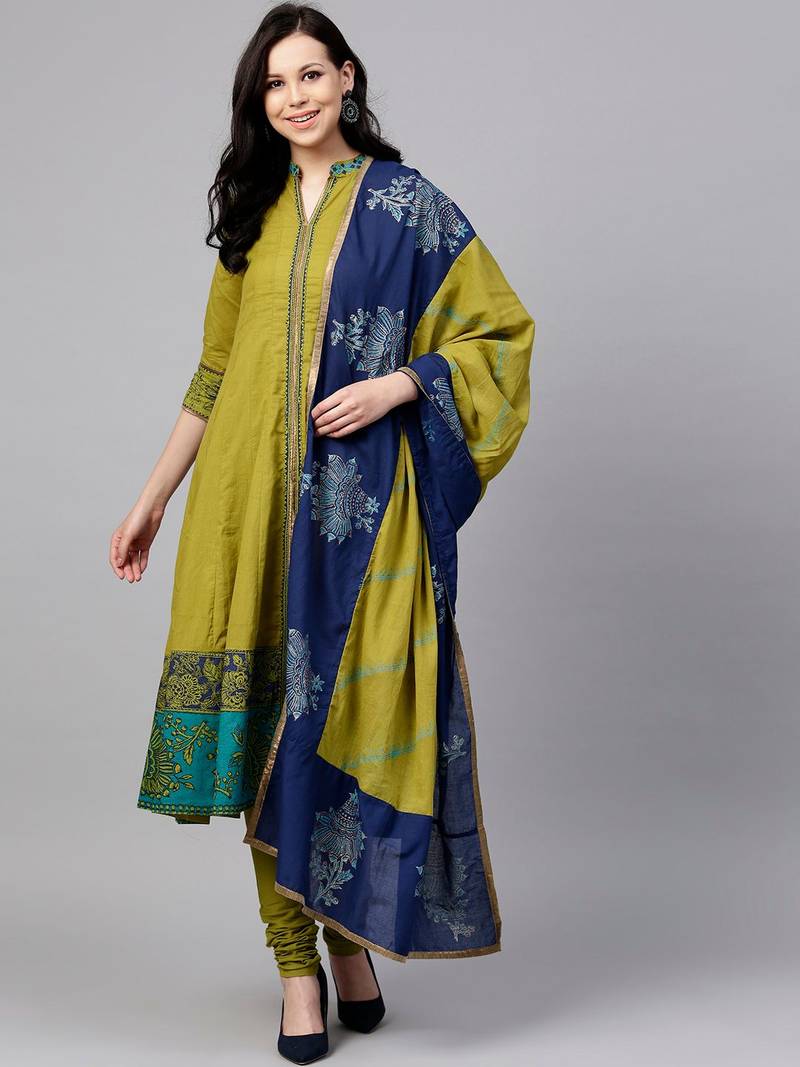 Olive Green Ethnic Motifs Printed Cotton Anarkali Kurta With Churidar & Dupatta Set