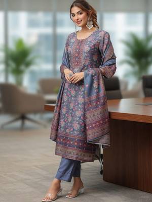 Grey Pink Floral Printed Beads Stones Kurta Trouser Set With Dupatta 1