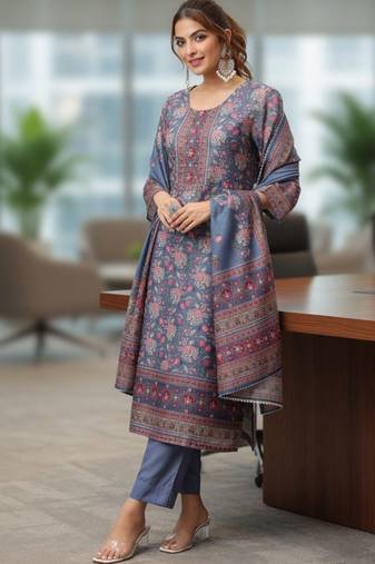 Grey Pink Floral Printed Beads Stones Kurta Trouser Set With Dupatta