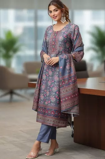 Grey Pink Floral Printed Beads Stones Kurta Trouser Set With Dupatta