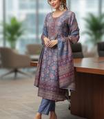 Grey Pink Floral Printed Beads Stones Kurta Trouser Set With Dupatta