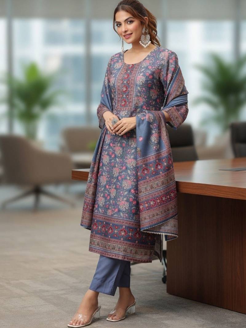 Grey Pink Floral Printed Beads Stones Kurta Trouser Set With Dupatta