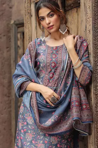 Grey Pink Floral Printed Beads Stones Kurta Trouser Set With Dupatta