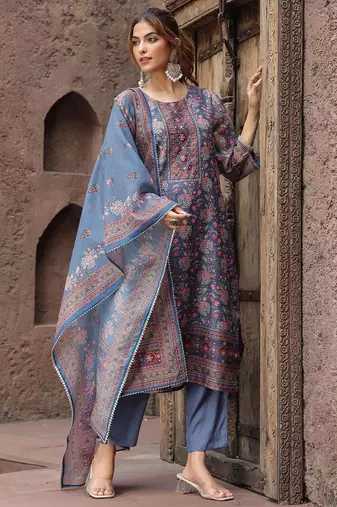 Grey Pink Floral Printed Beads Stones Kurta Trouser Set With Dupatta