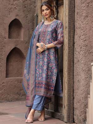 Grey Pink Floral Printed Beads Stones Kurta Trouser Set With Dupatta 4