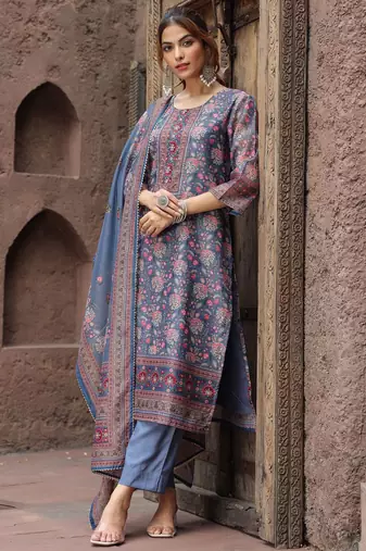 Grey Pink Floral Printed Beads Stones Kurta Trouser Set With Dupatta