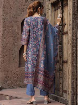 Grey Pink Floral Printed Beads Stones Kurta Trouser Set With Dupatta 5