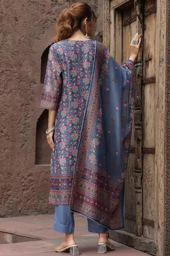 Grey Pink Floral Printed Beads Stones Kurta Trouser Set With Dupatta