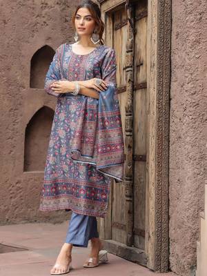 Grey Pink Floral Printed Beads Stones Kurta Trouser Set With Dupatta 6