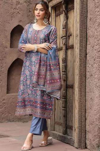 Grey Pink Floral Printed Beads Stones Kurta Trouser Set With Dupatta