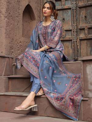 Grey Pink Floral Printed Beads Stones Kurta Trouser Set With Dupatta 7