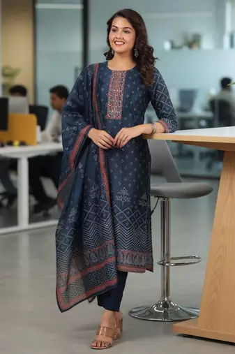 Blue Bandhani Printed Sequinned Kurta with Trousers & Dupatta Set
