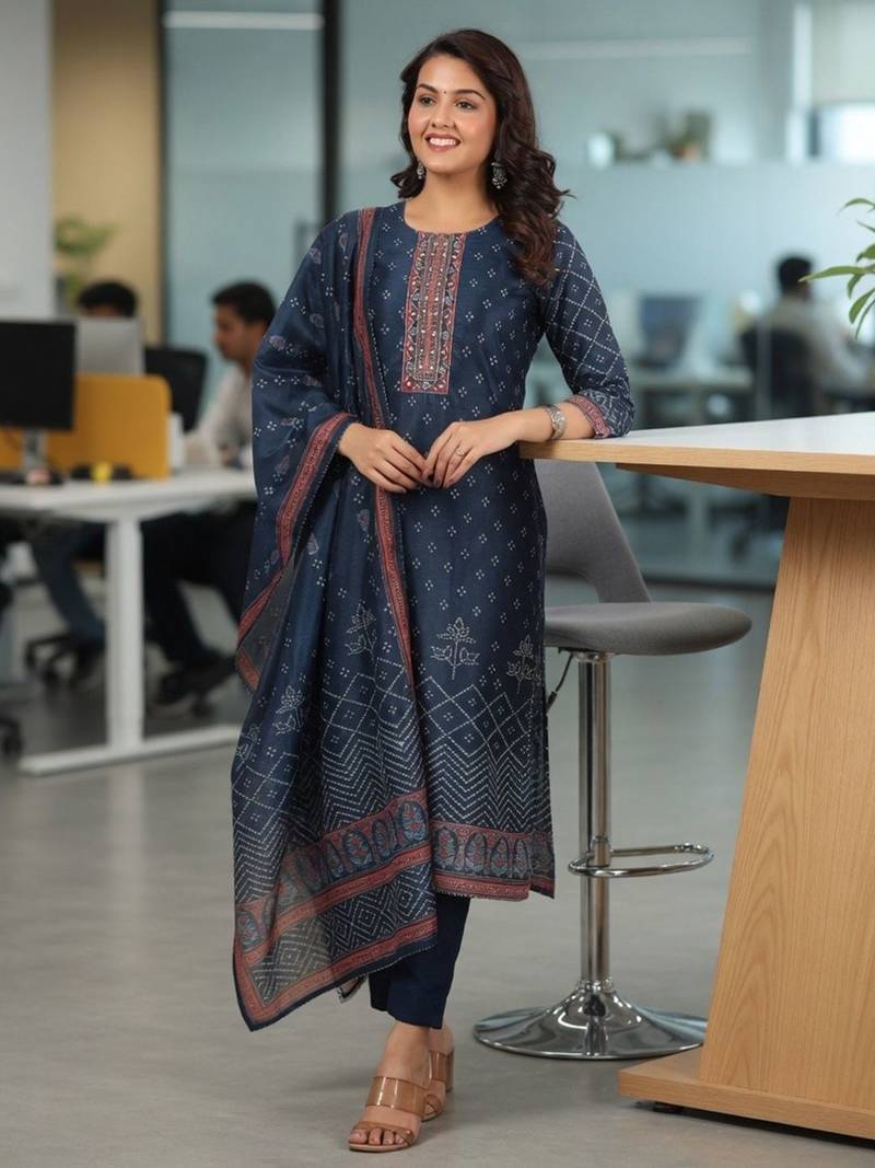 Blue Bandhani Printed Sequinned Kurta with Trousers & Dupatta Set
