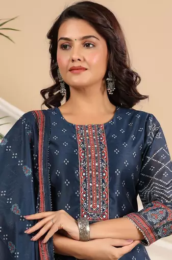 Blue Bandhani Printed Sequinned Kurta with Trousers & Dupatta Set