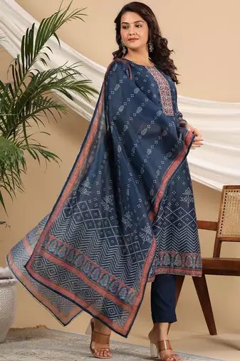 Blue Bandhani Printed Sequinned Kurta with Trousers & Dupatta Set