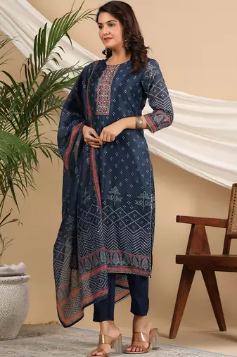 Blue Bandhani Printed Sequinned Kurta with Trousers & Dupatta Set