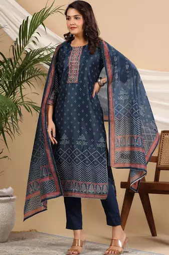 Blue Bandhani Printed Sequinned Kurta with Trousers & Dupatta Set
