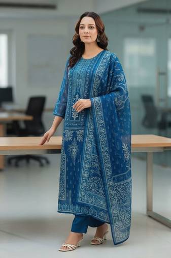 Blue Women Ethnic Motifs Printed Kurta with Trousers & Dupatta Cotton Set