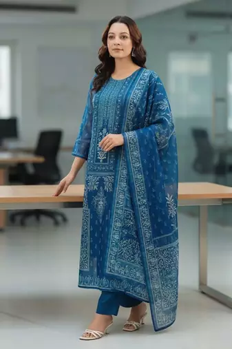 Blue Women Ethnic Motifs Printed Kurta with Trousers & Dupatta Cotton Set